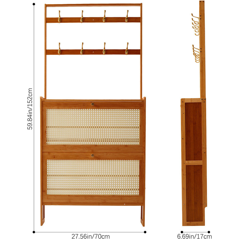 Living and Home 2 Flip Down Drawer Light Taupe Bamboo Shoe Cabinet with 8 Hooks Image 9