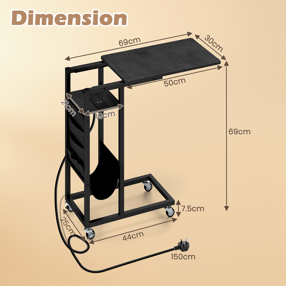 Costway Black C Shaped End Table Rolling with Charging Station and Retractable Tabletop Image 9