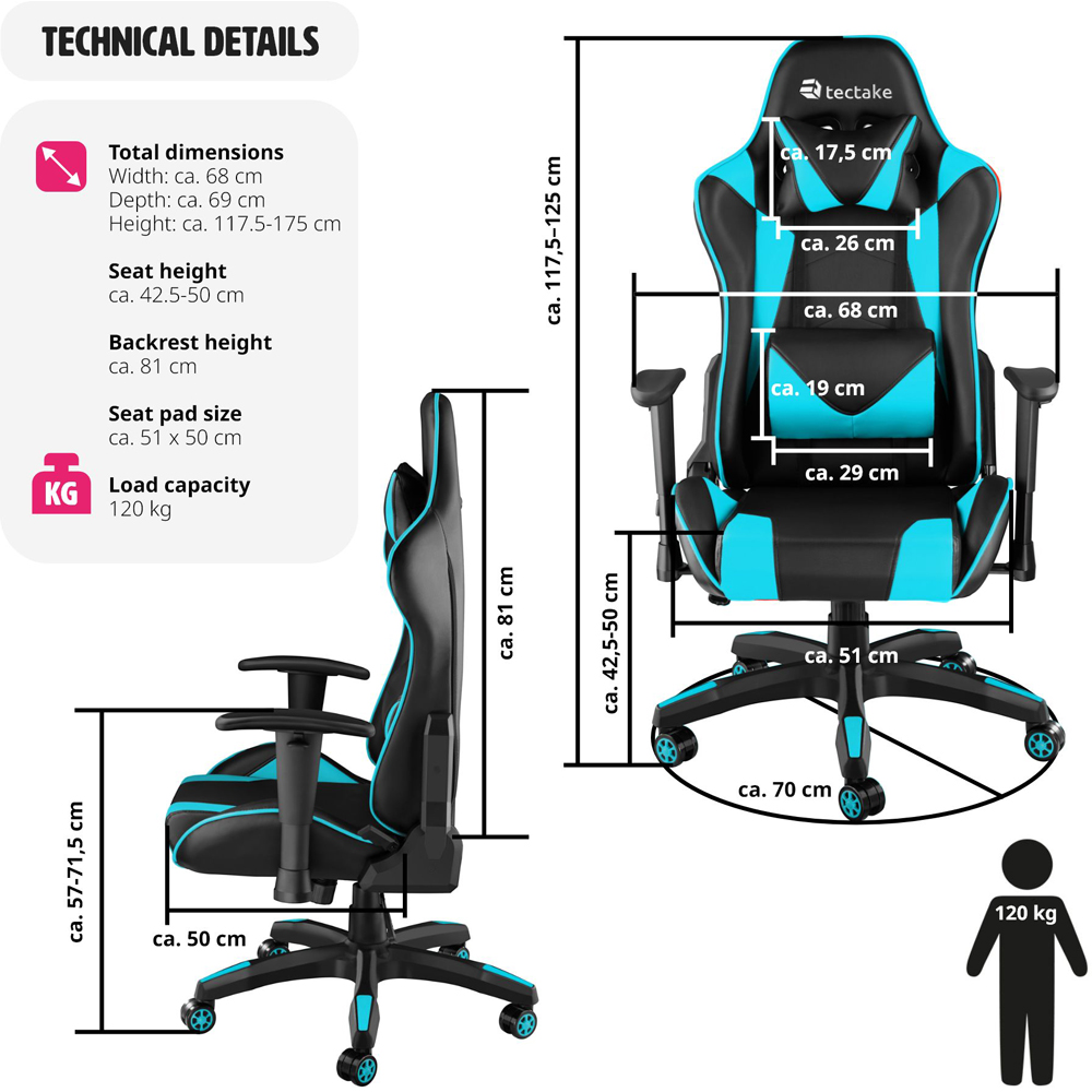 tectake Stealth Black and Azure Gaming Chair Image 9