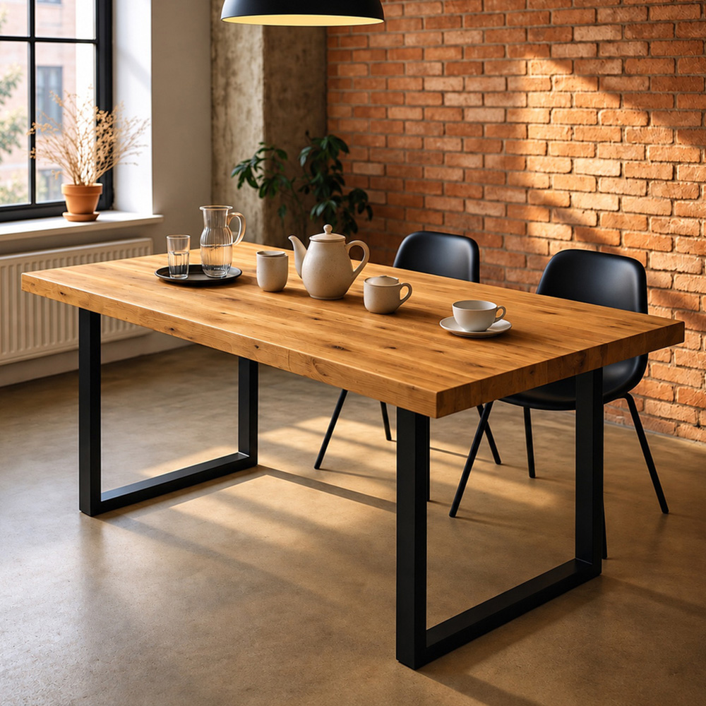 Homebase Mid Oak Brown 6 Seater Sleek and Slender Reclaimed Dining Table 100 x 180cm Image 1