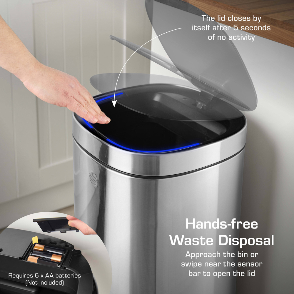 Swan Silver Stainless Steel Square Sensor Bin 30L Image 4