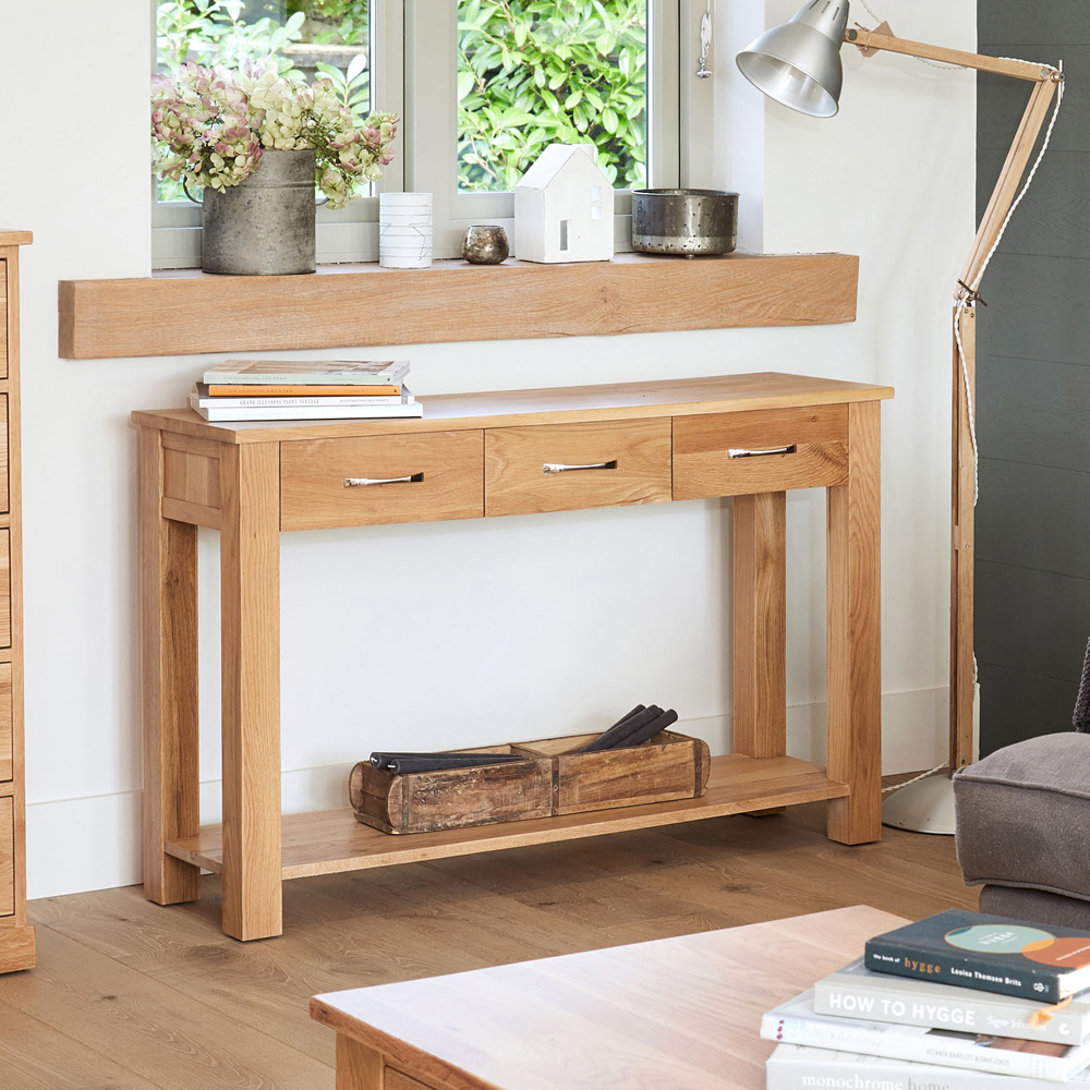 Baumhaus Mobel 3 Drawer Single Shelf Oak Console Table Image 2