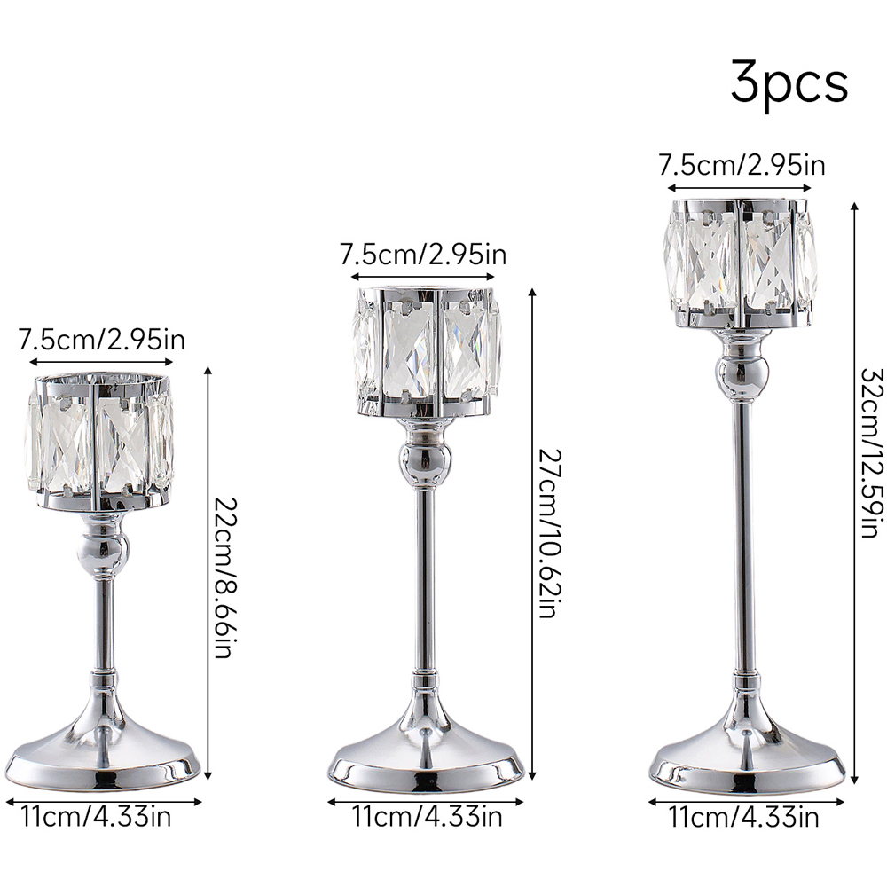 Living and Home Silver Crystal Panel Tiered Candle Holder Set of 3 Image 9