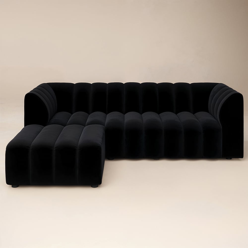 Solace+Co Halle 3 Seater Black Velvet Sofa with Footstool Image 2