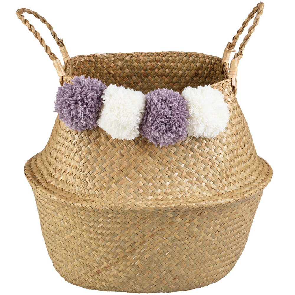 Homebase Seagrass Foldable Storage Basket with Pom Poms 2 Pack Image 3