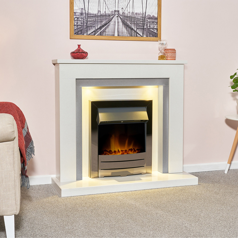 Acantha Dallas White and Grey Marble Fireplace with Downlight and Colorado Electric Fire 42 inch Image 5