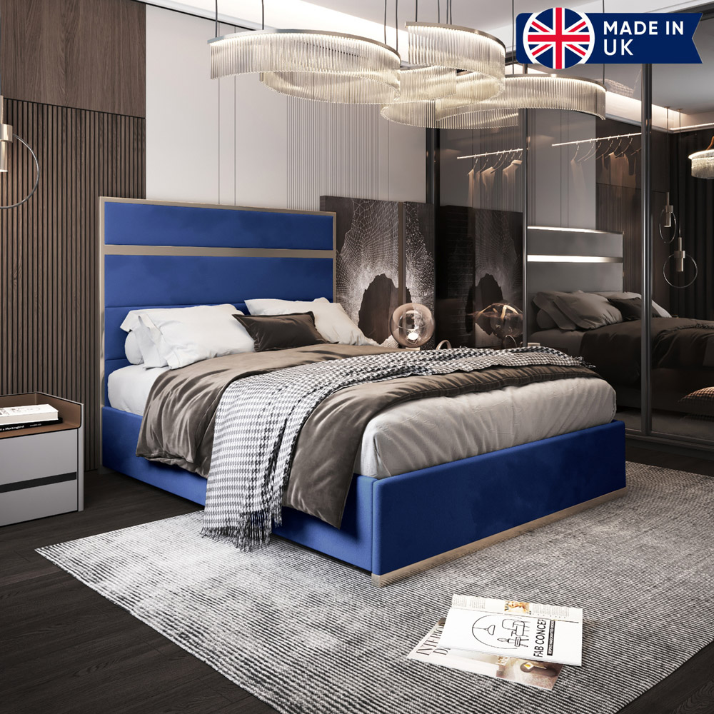 Bentley Blue Super King Size Velvet Upholstered Metal Bed Frame with Panelled Headboard Image 6