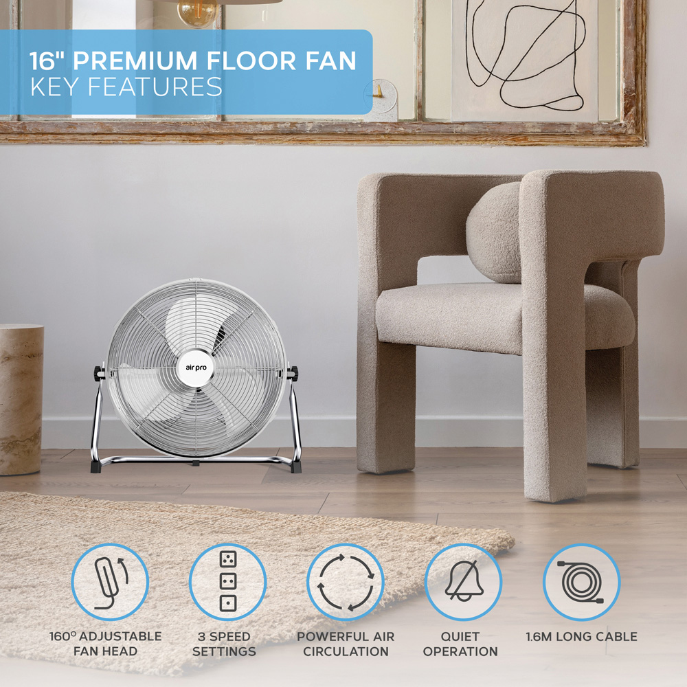 Air Pro Silver Chrome 3 Speed Powerful Air Cooling and Circulating Floor Fan 16 inch Image 6