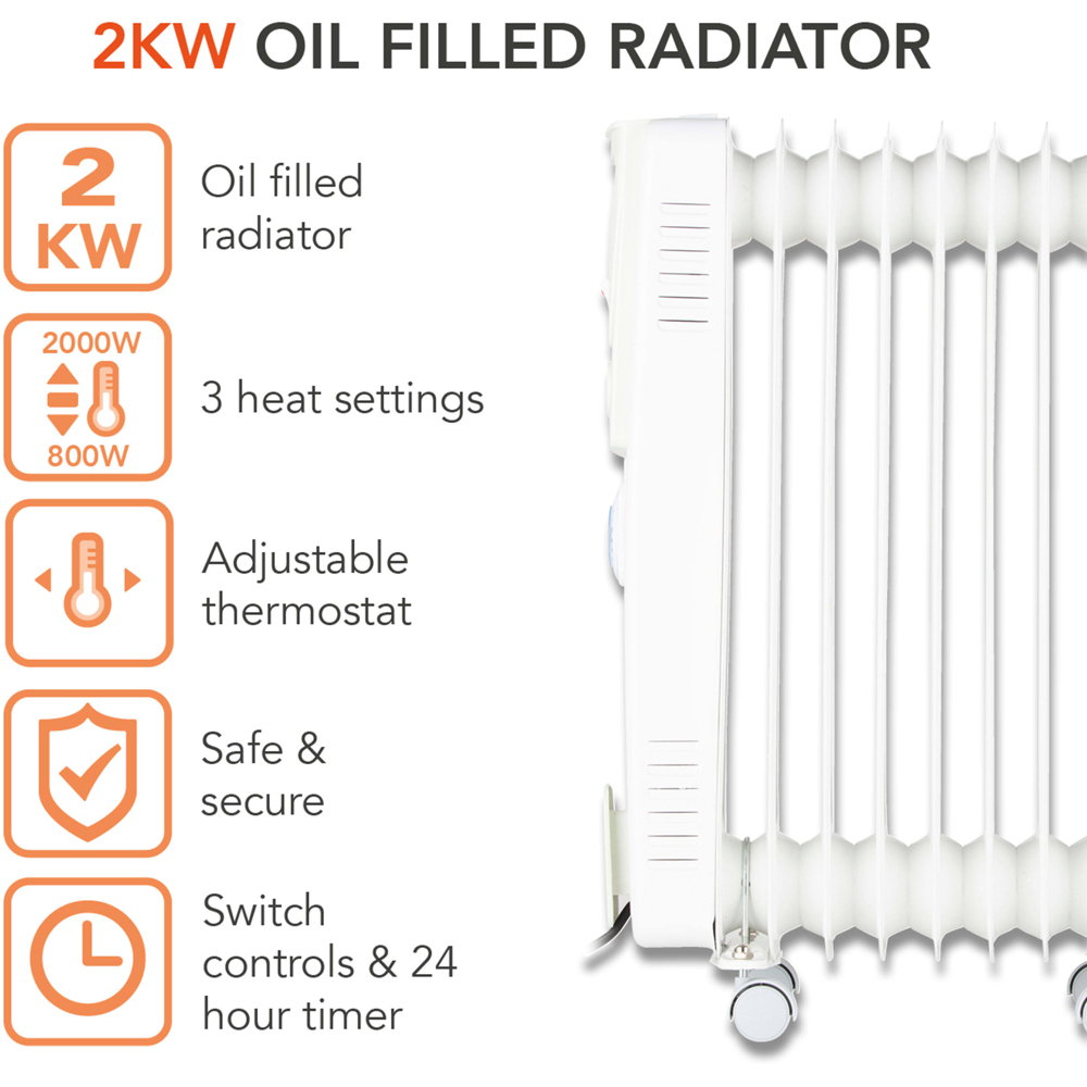 Warmlite 9 Fin White Oil Filled Radiator with Adjustable Thermostat 2000W Image 2