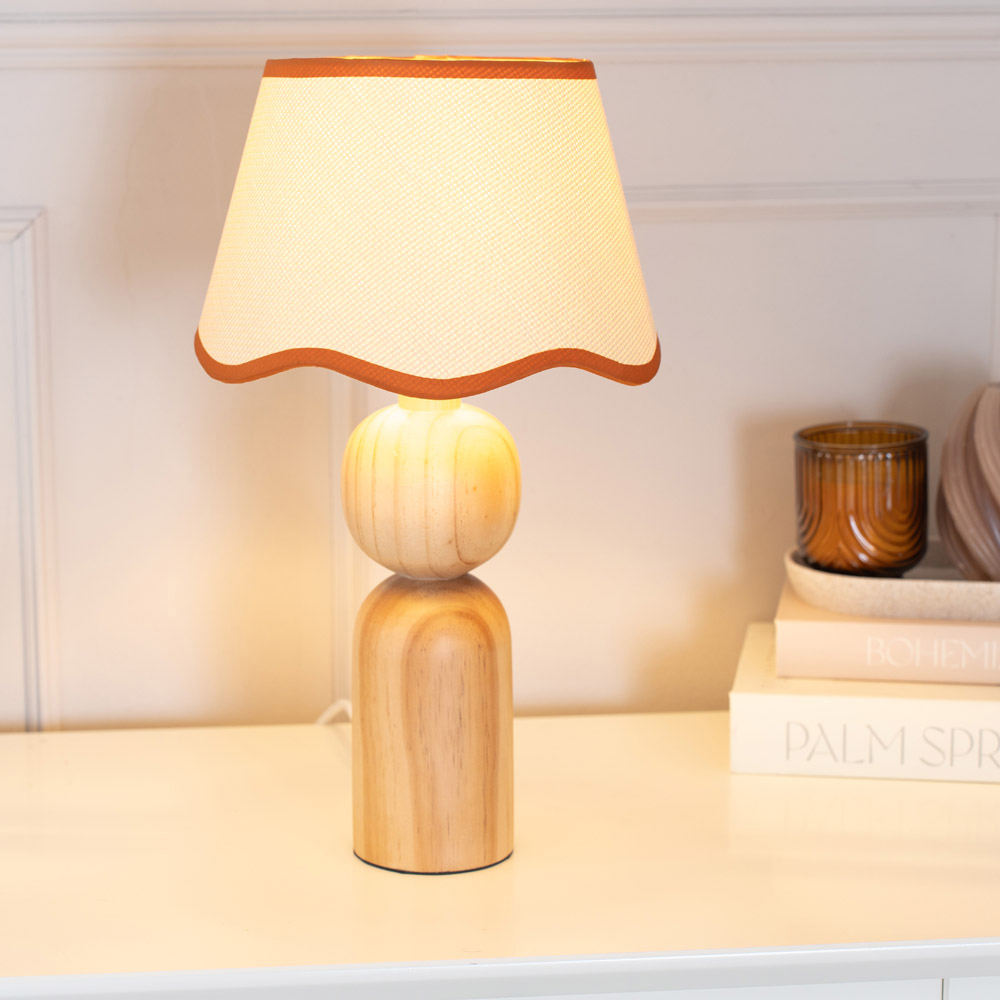 ValueLights Azalea Linen Scallop Rust Edge Shade Rustic Wooden LED Table Lamp Image 2