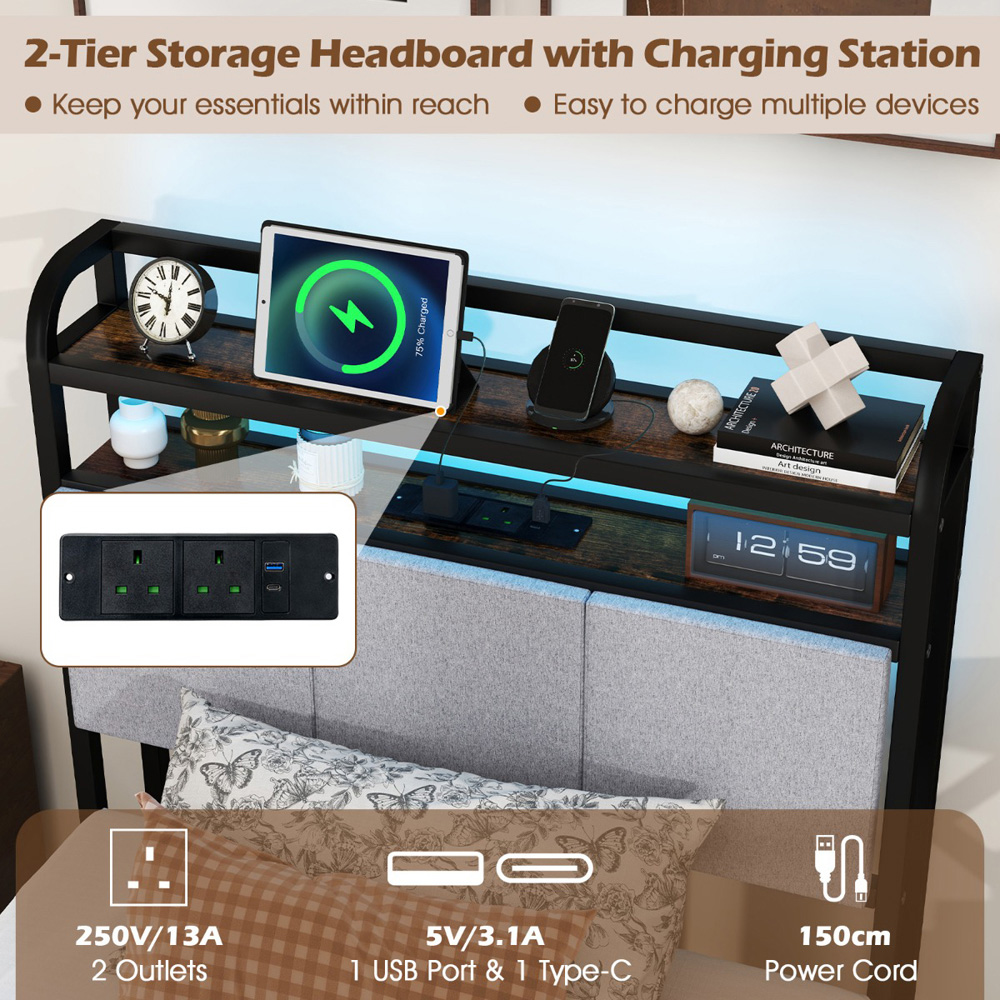 Costway Single Metal Bed Frame with LED and Charging Station Image 5