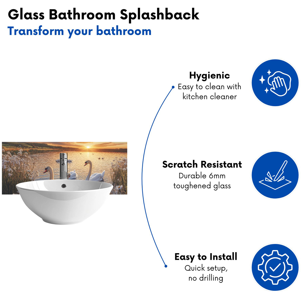 Warren Reed Designer Swans at Sunset in a Beautiful Lake Glass Bathroom Splashback 25 x 60cm Image 4