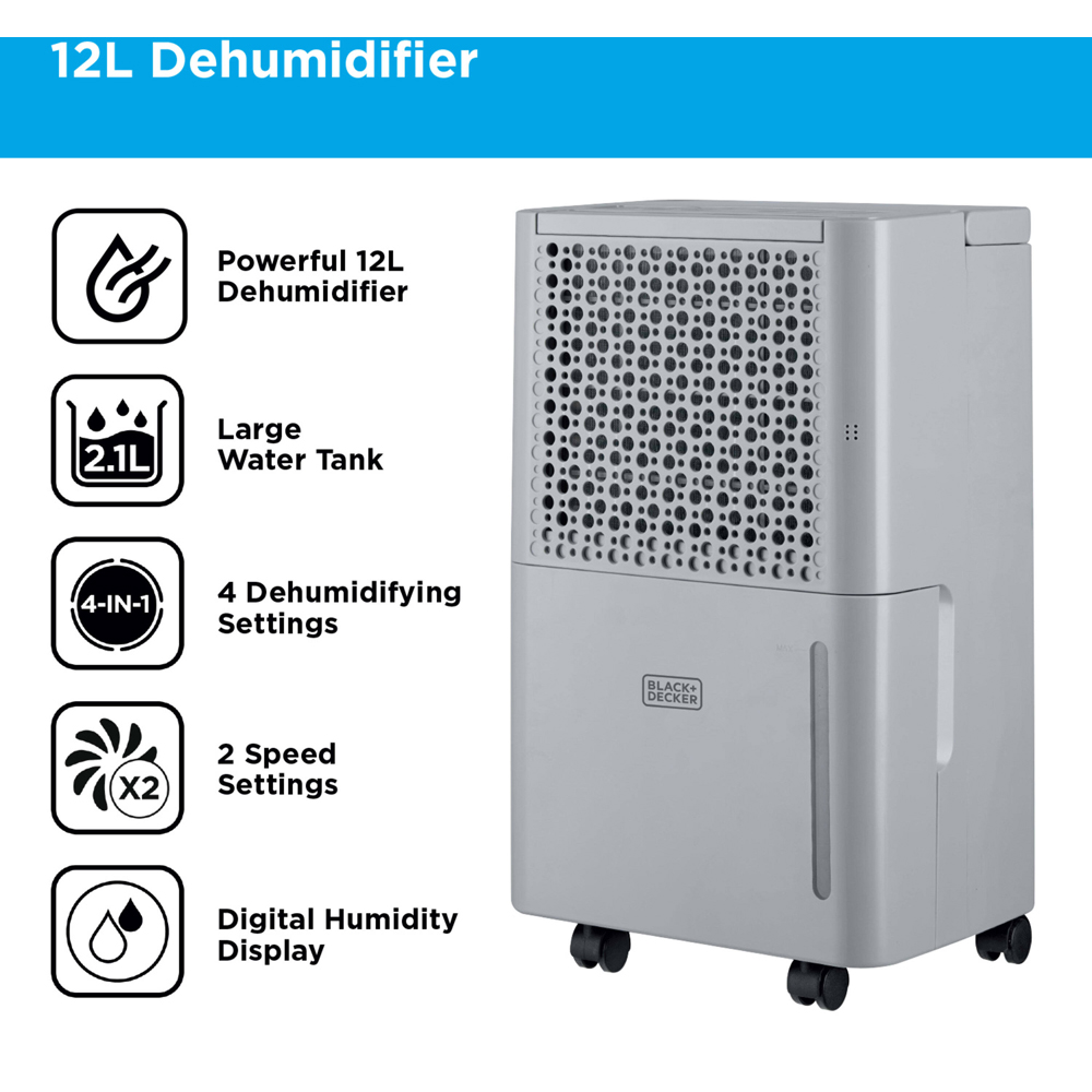 Black+Decker 12L Dehumidifier with 24H Timer and 2.1L Water Tank Image 3