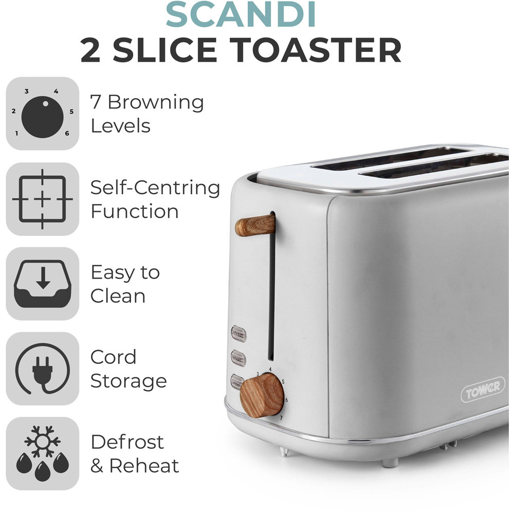 Tower Scandi EEJB288 Grey 2 Slice Toaster with 1.7L Kettle Set Image 7
