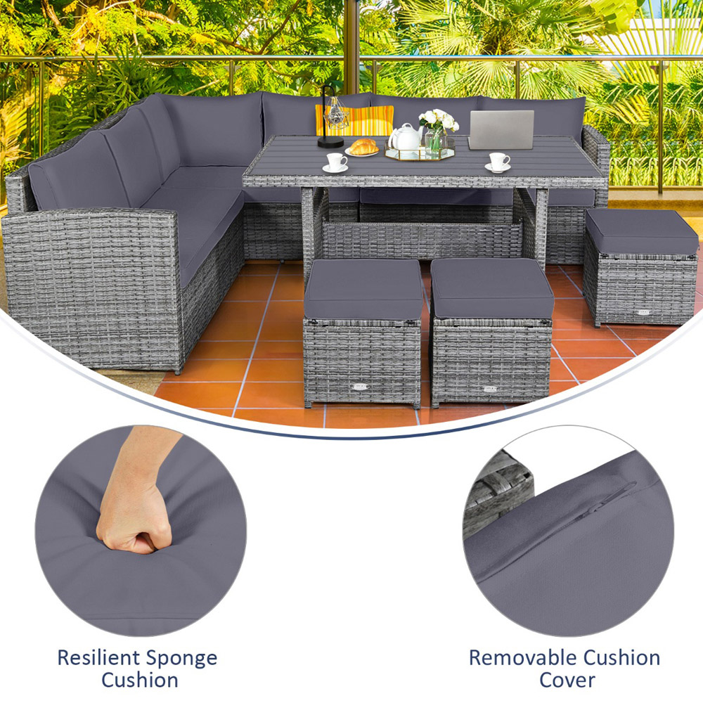 Costway 10 Seater Grey Rattan Patio Lounge Set with Back and Seat Cushions Image 7