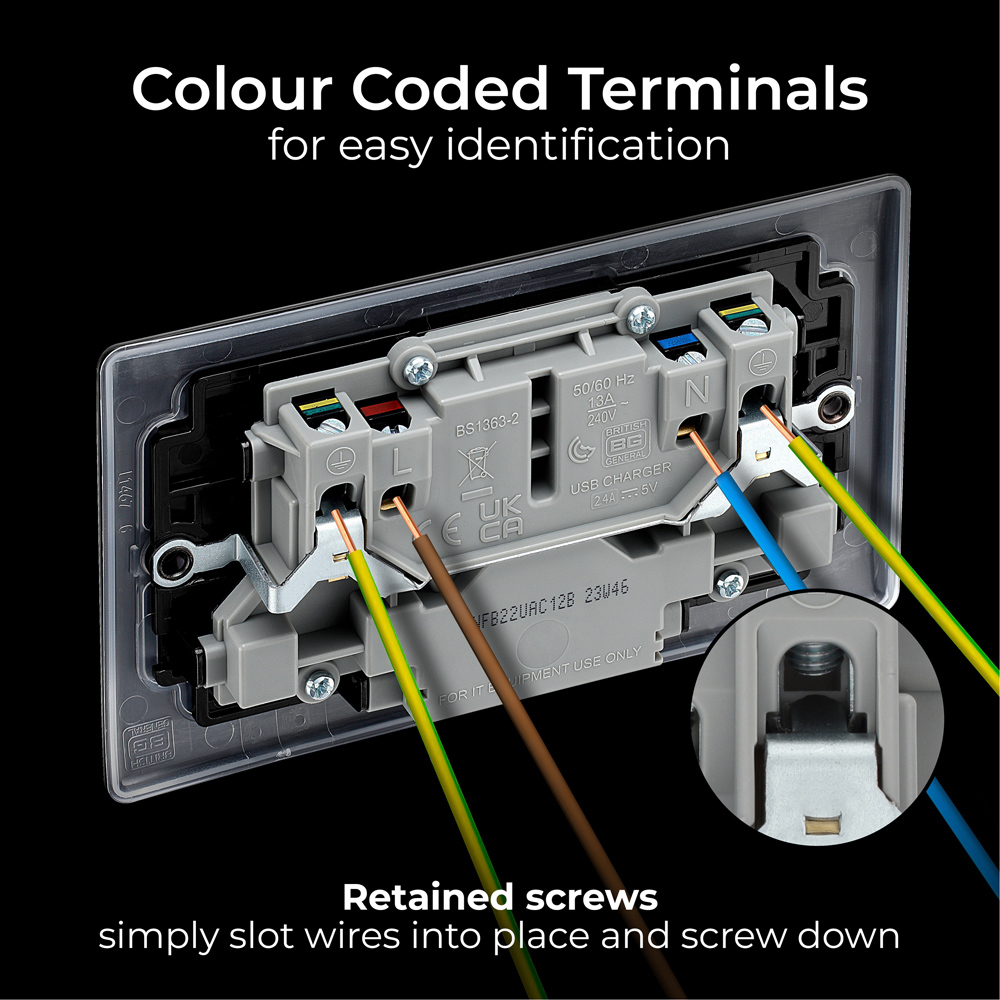 BG Nexus Metal 2 Gang 13A Matt Black Switched Socket with USB-A and USB-C Port Image 6