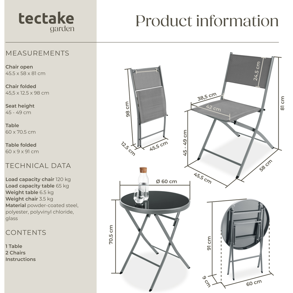 tectake 2 Seater Grey Foldable Bistro Set Image 9