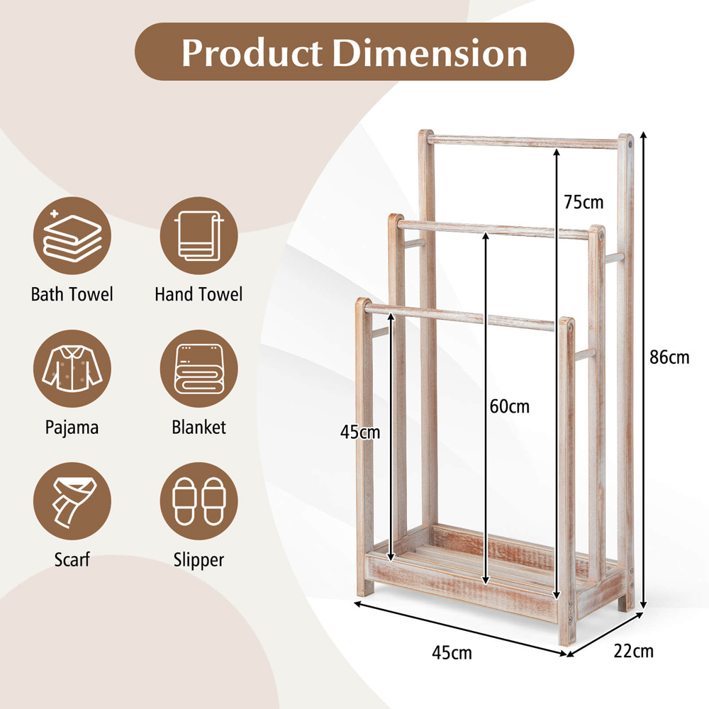 Costway 3 Tier White Wood Freestanding Towel Rack with Shelf Image 9