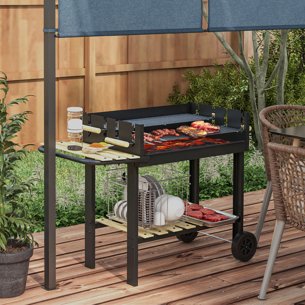 Outsunny Charcoal Barbecue Grill with Side Table and Storage Shelf Image 2