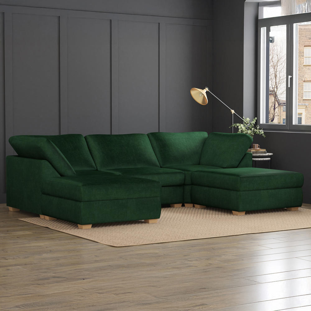 Nestle 5 Seater Forest Green Plush Velvet Fixed Back U-Shape Sofa Image 6