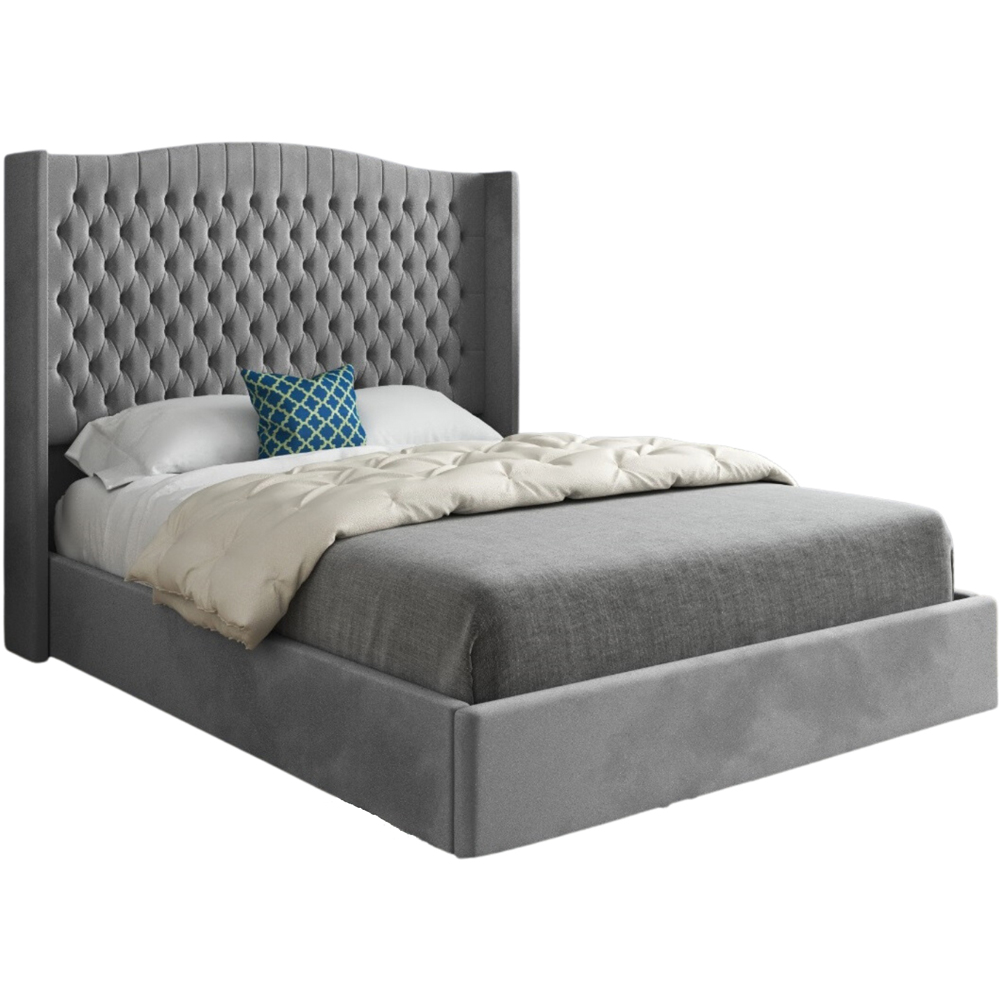 Rana King Size Grey Soft Velvet Upholstered Bed Frame with Curved Top Winged Headboard Image 2