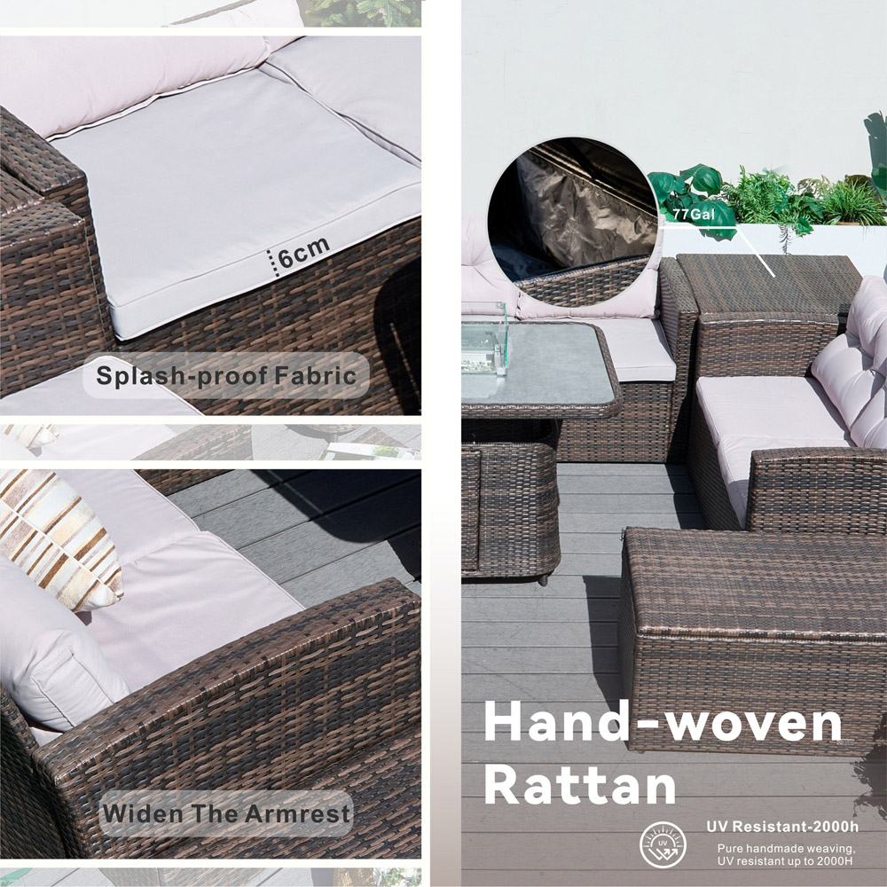 Direct Wicker Brown 7 Seater Rattan Garden Sofa Set with Rising Fire Pit Table and Storage Box Image 8