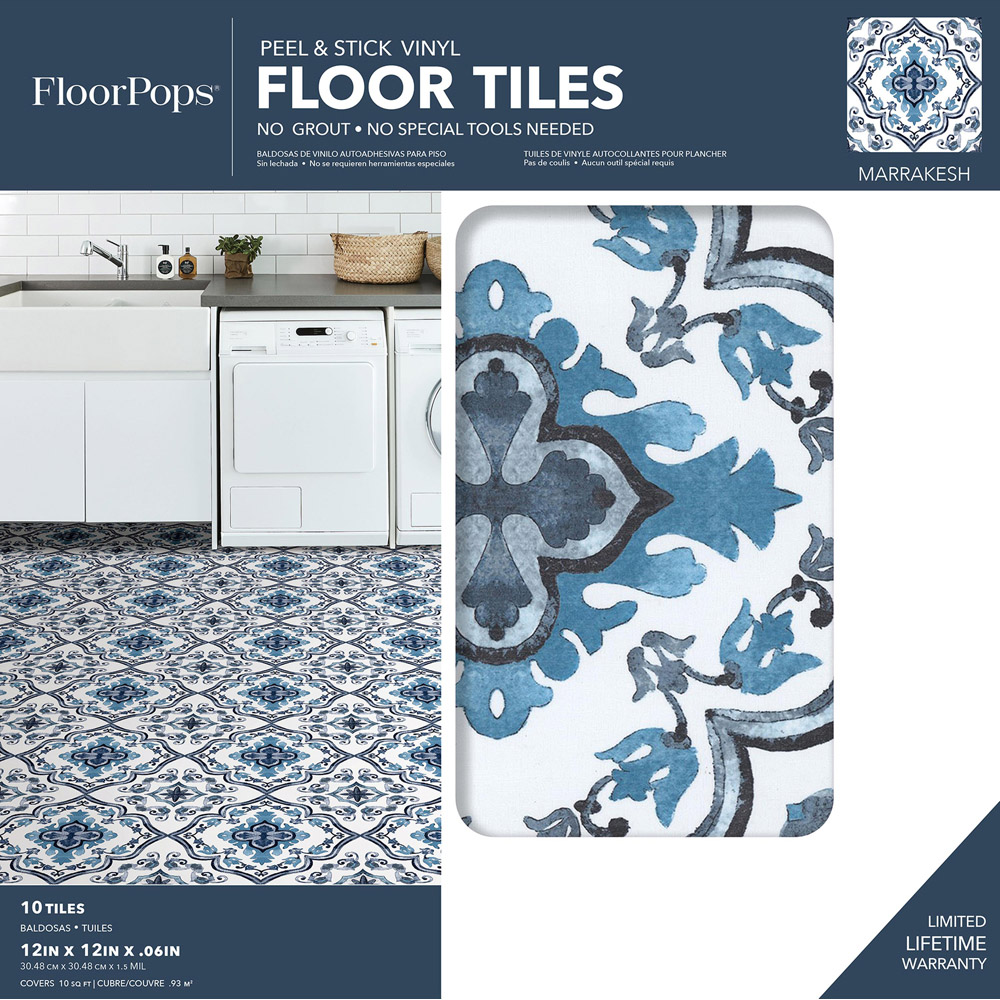 Floorpops Marrakesh Blue Peel and Stick Floor Tile 30.48 x 30.48cm 10 Pack Image 7