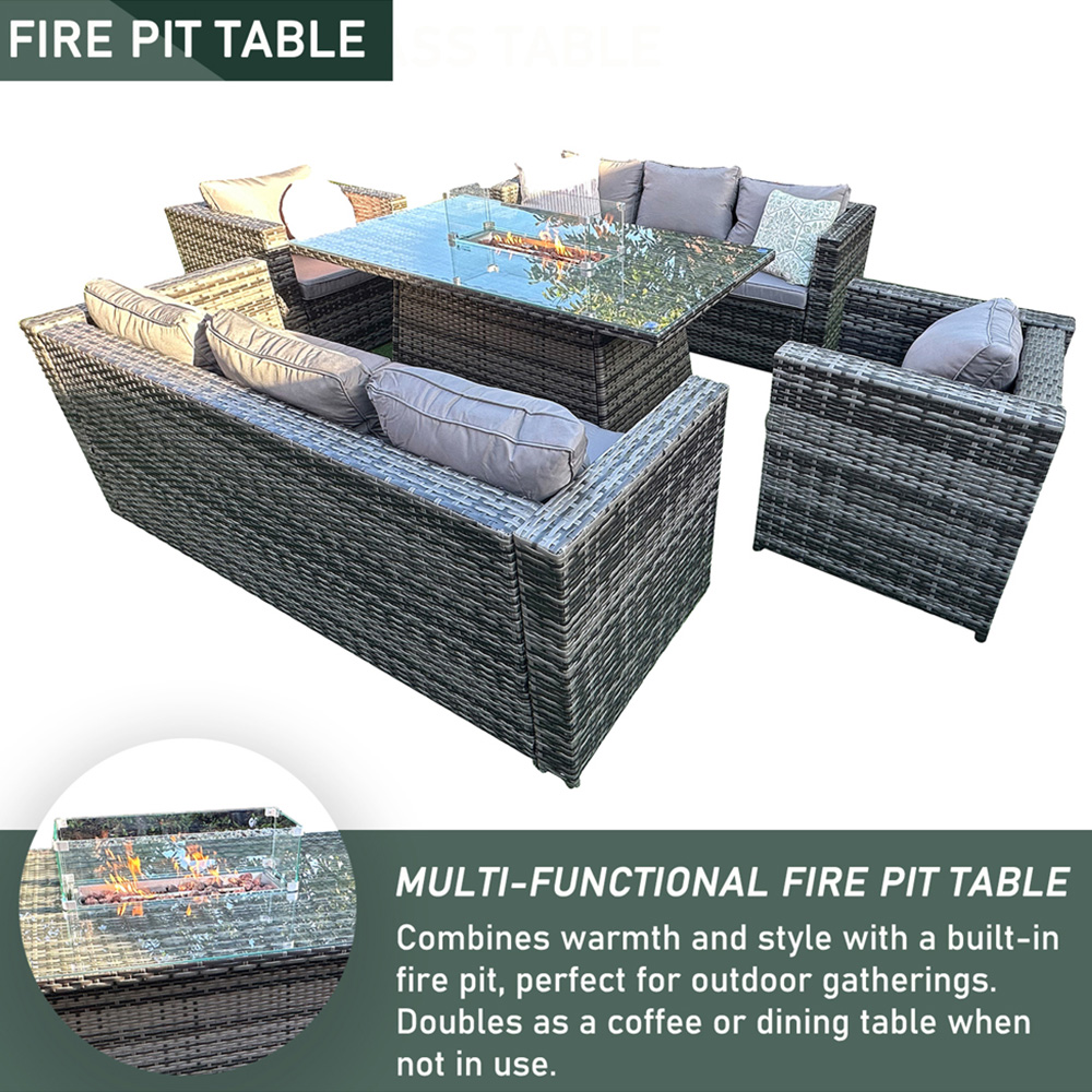 Florence 8 Seater Grey Rattan Firepit Table Garden Corner Lounge Set Image 7