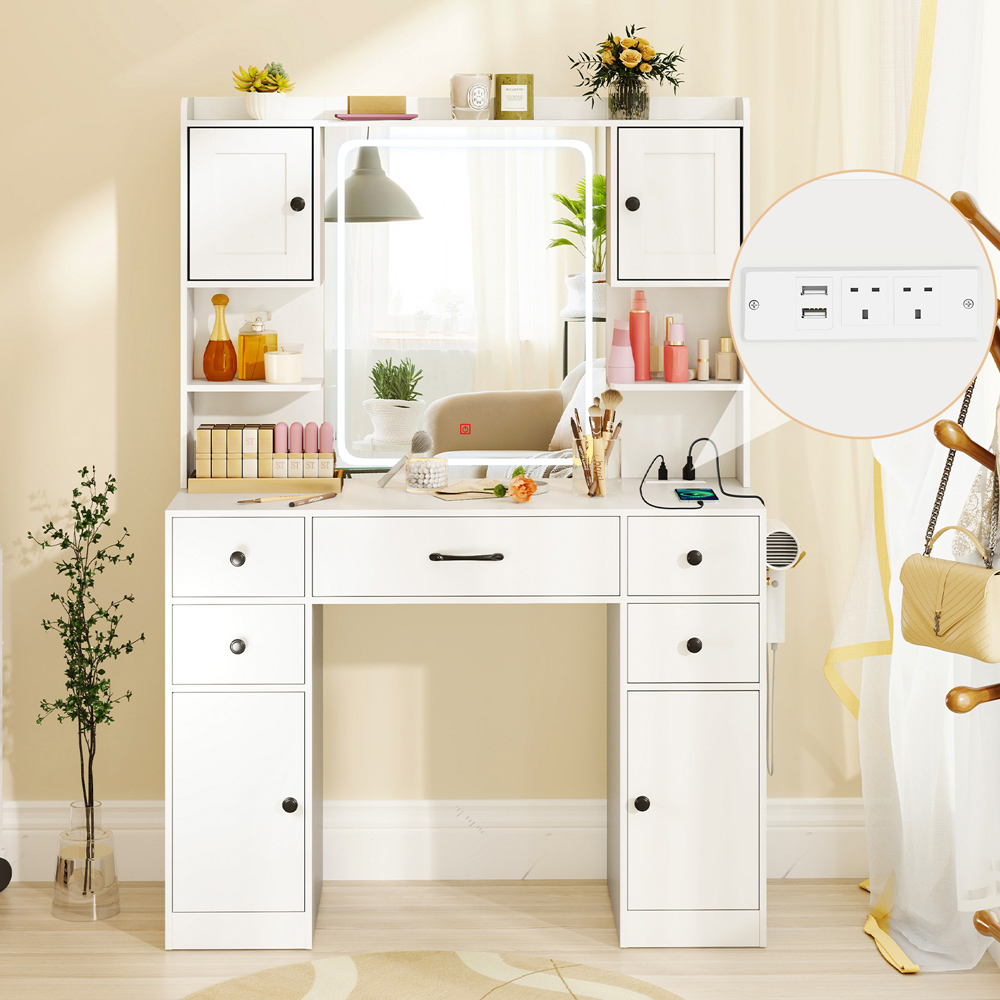 Costway White 5 Drawer 2 Door Makeup Table with LED Mirror Image 4