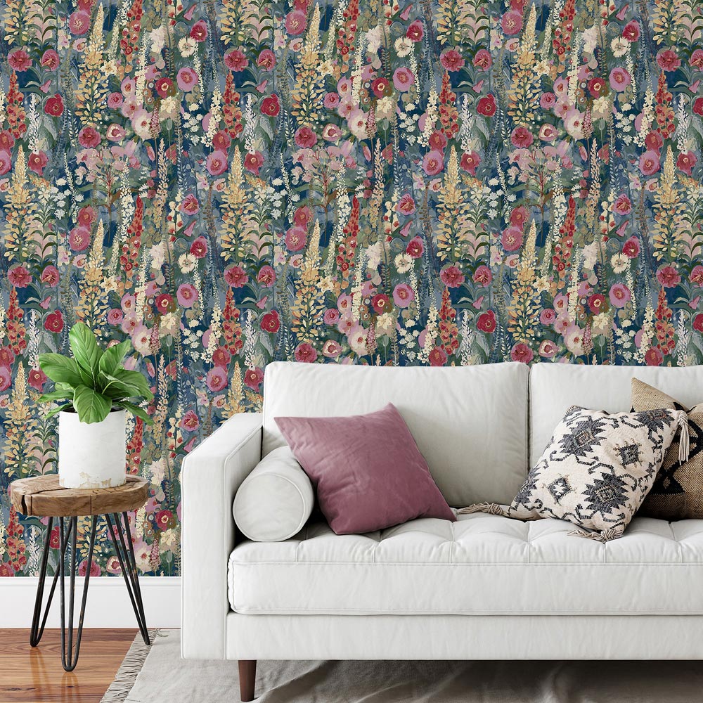 Grandeco Delphinium Forest Floral Garden Textured Navy Blue Wallpaper Image 2