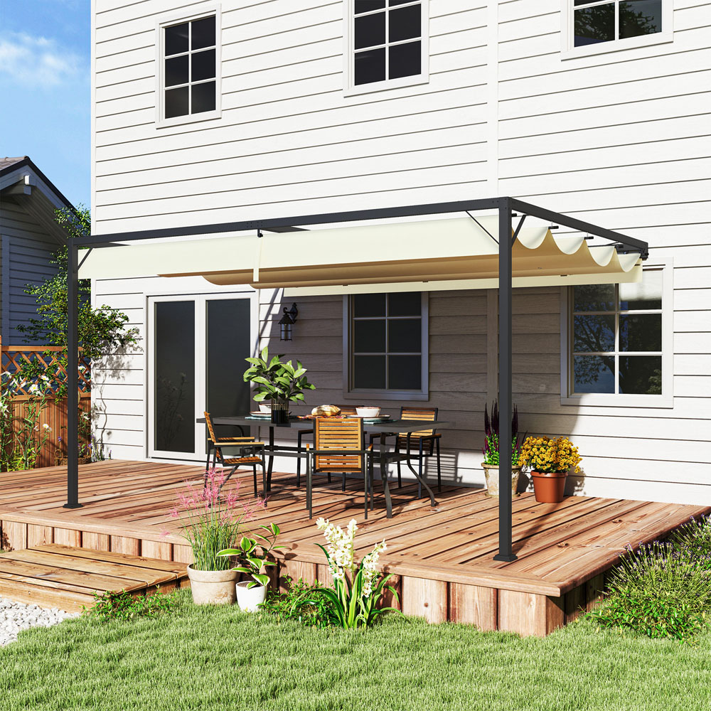 Outsunny 4 x 3m Cream Wall Mounted Pergola with Retractable Canopy Image 3