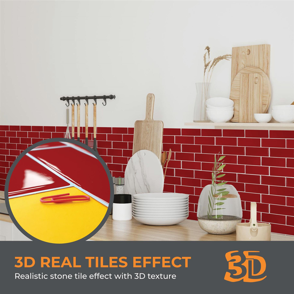 Walplus Cherry Red Retro Glossy 3D Tile Sticker 30.5 x 30.5cm 6 Pack Image 8