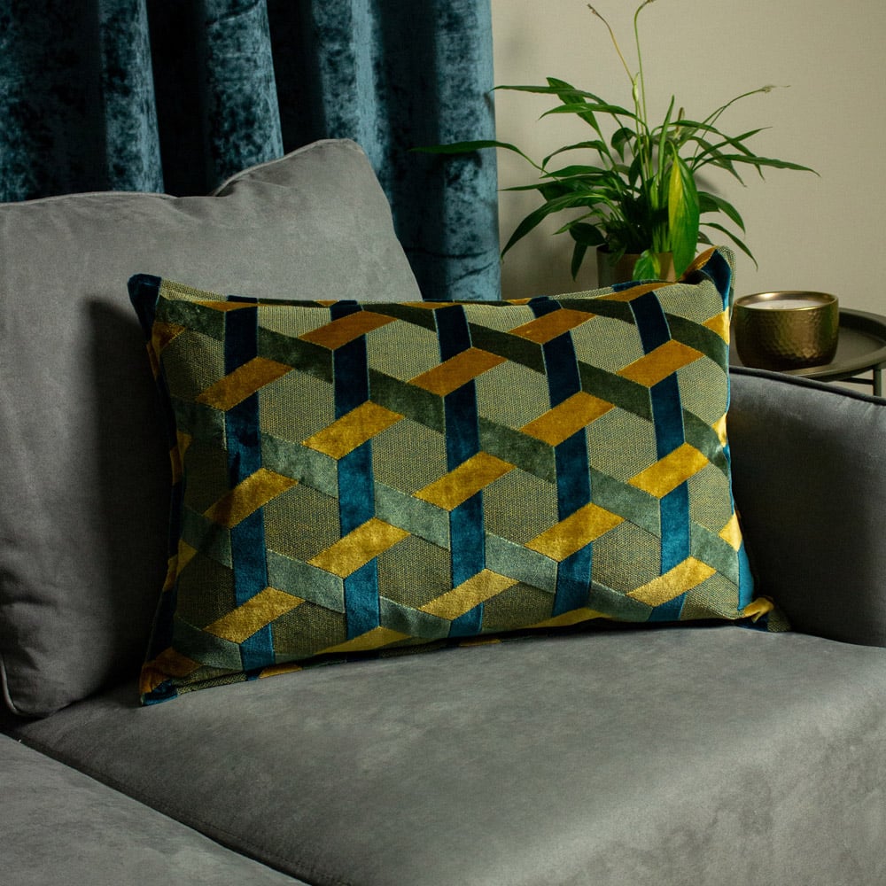 Paoletti Delano Teal and Gold Velvet Jacquard Cushion Image 2