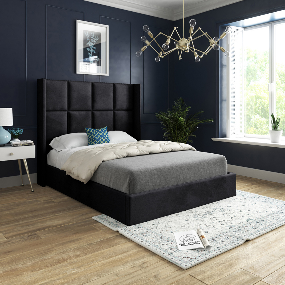 Quanta King Size Black Soft Velvet Upholstered Bed Frame with Straight Winged Headboard Image 5