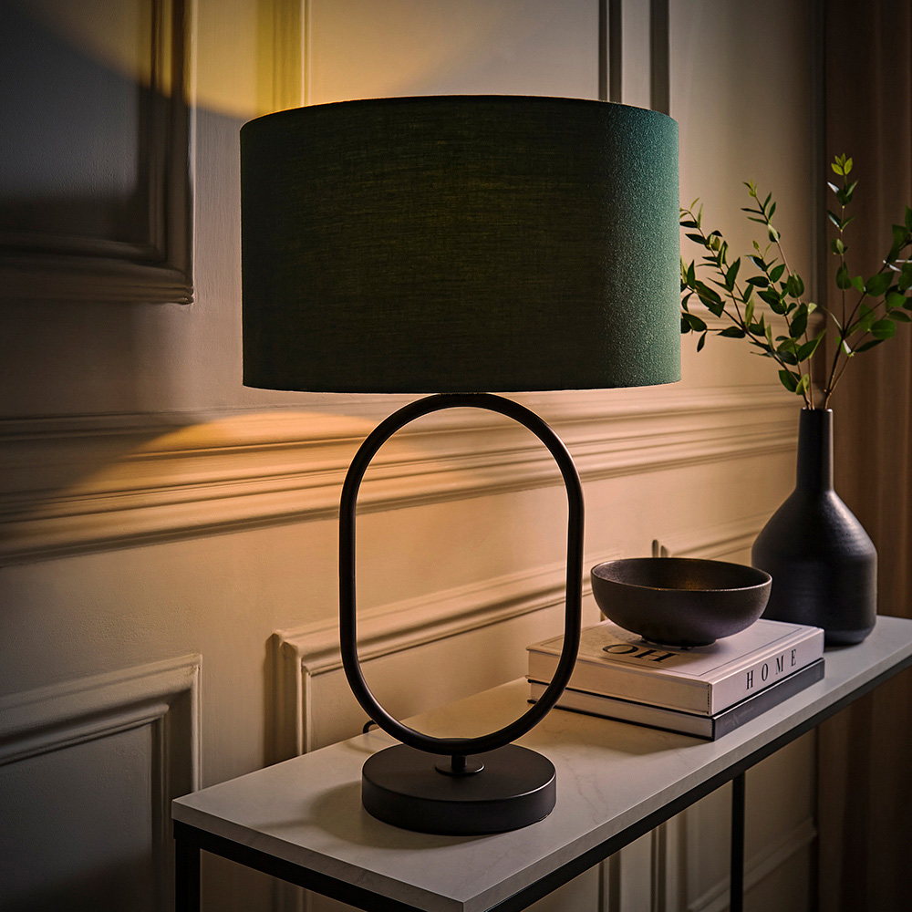 ValueLights Antonia Forest Green Drum Shade Matte Black Oval LED Table Lamp Image 2