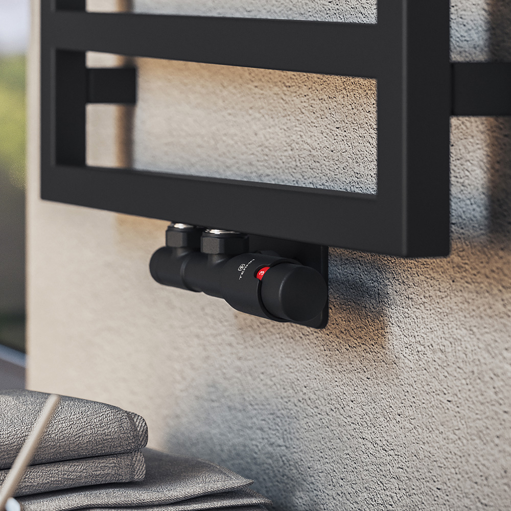 Terma Vario Black Soft Right Sided Twins Angled Integrated Thermostatic Radiator Valve Set 50mm Image 2