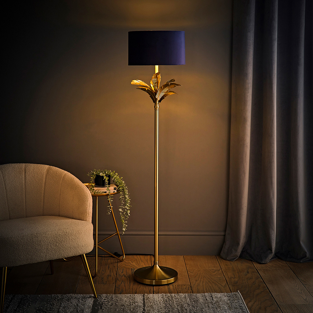 ValueLights Christina Navy Velvet and Gold Palm Leaf Floor Lamp with Bulb Image 2