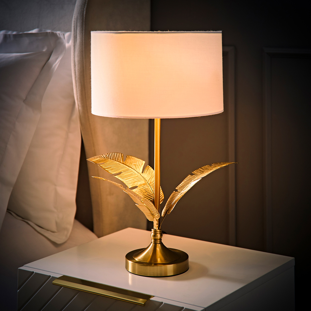 ValueLights Christina White and Gold Palm Leaf Detail Single Stem Table Lamp and Bulb Image 6