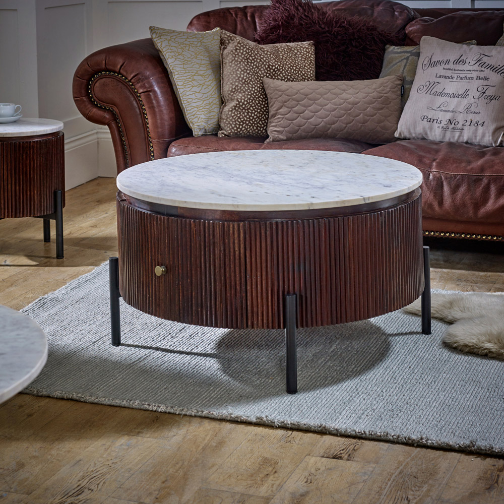 Brooklyn Opal Single Drawer Marble Top Mango Wood Round Fluted Coffee Table Image 5