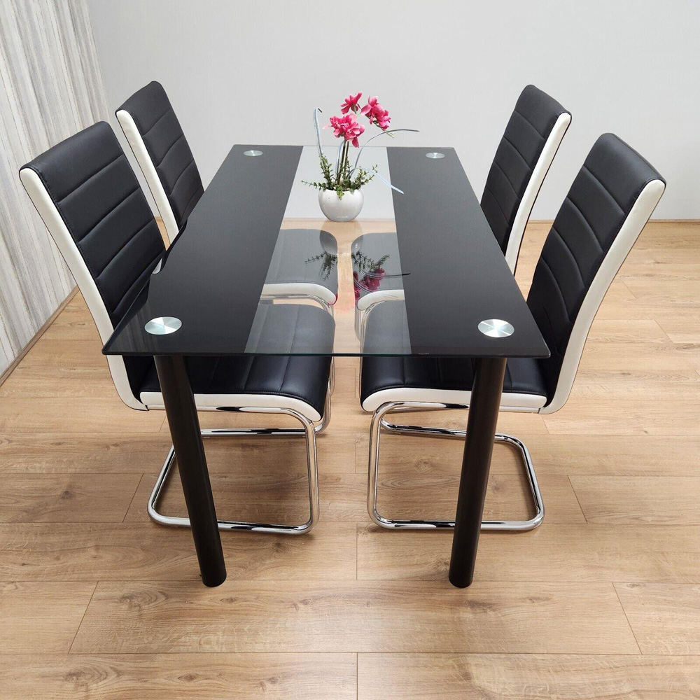 Kosy Koala 4 Seater Leather Clear Glass Dining Set Black and White Image 5