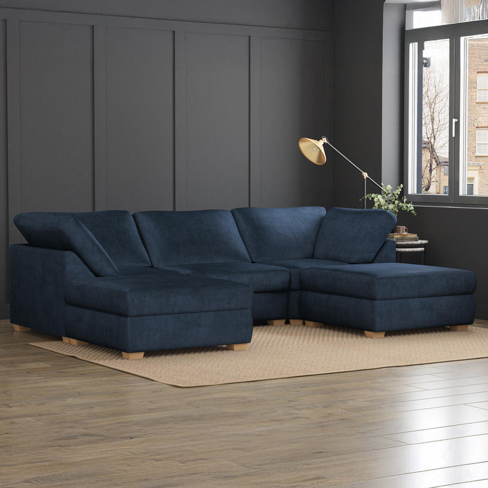 Nestle 5 Seater Royal Blue Plush Velvet Fixed Back U-Shape Sofa Image 6