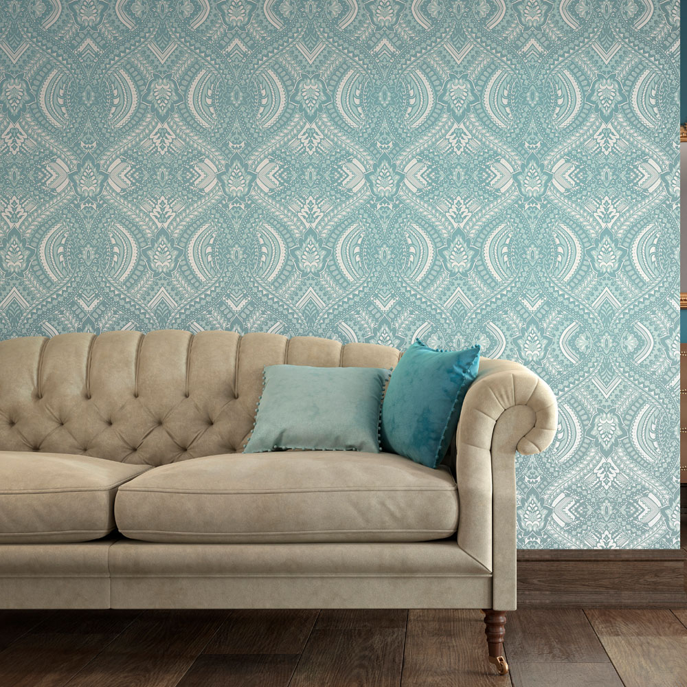 Hoopla Walls Elegance Ogee Damask Duck Egg Blue Wallpaper Image 2