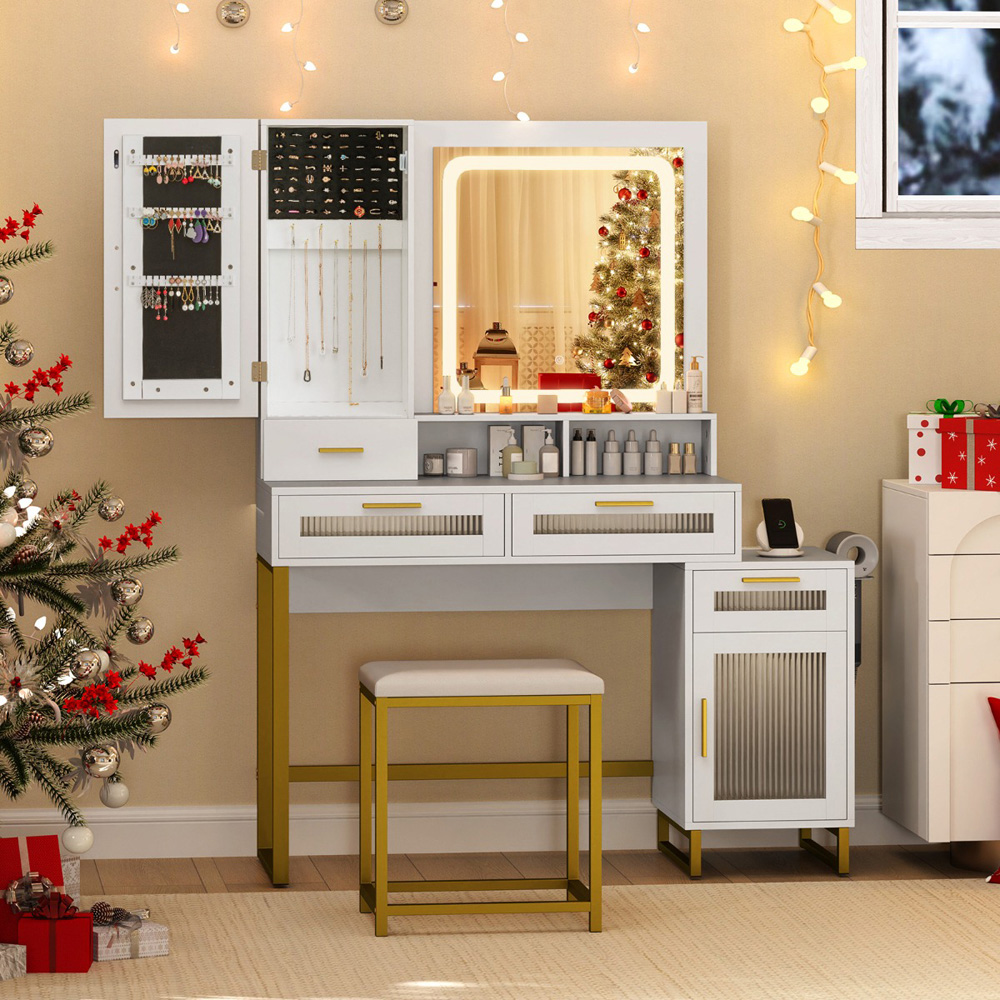 Costway 4 Drawer 2 Door White Dressing Table and Chair Set with LED Mirror Image 3