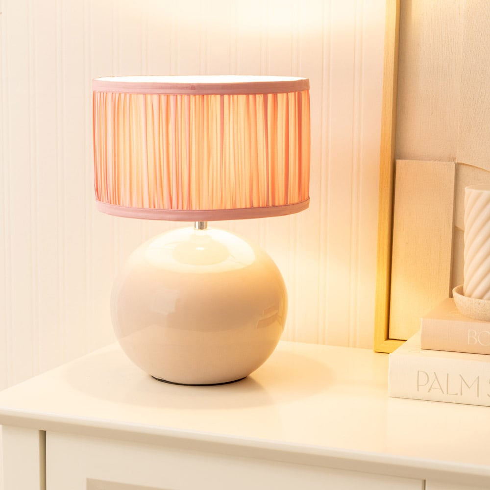 ValueLights Bosco Ruched Pleated Blush Pink Drum Shade Stone Ceramic LED Table Lamp Image 2