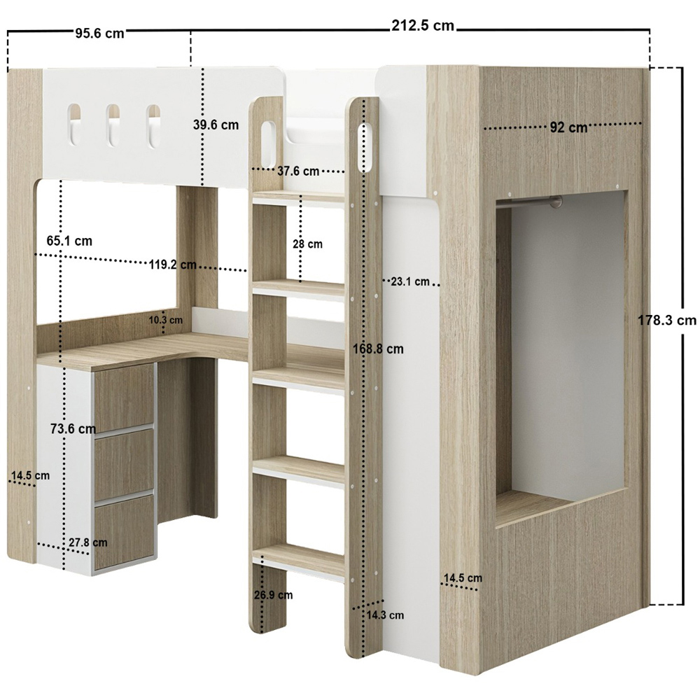 Flair Willow White and Oak High Sleeper Bed with Desk and Storage Image 5