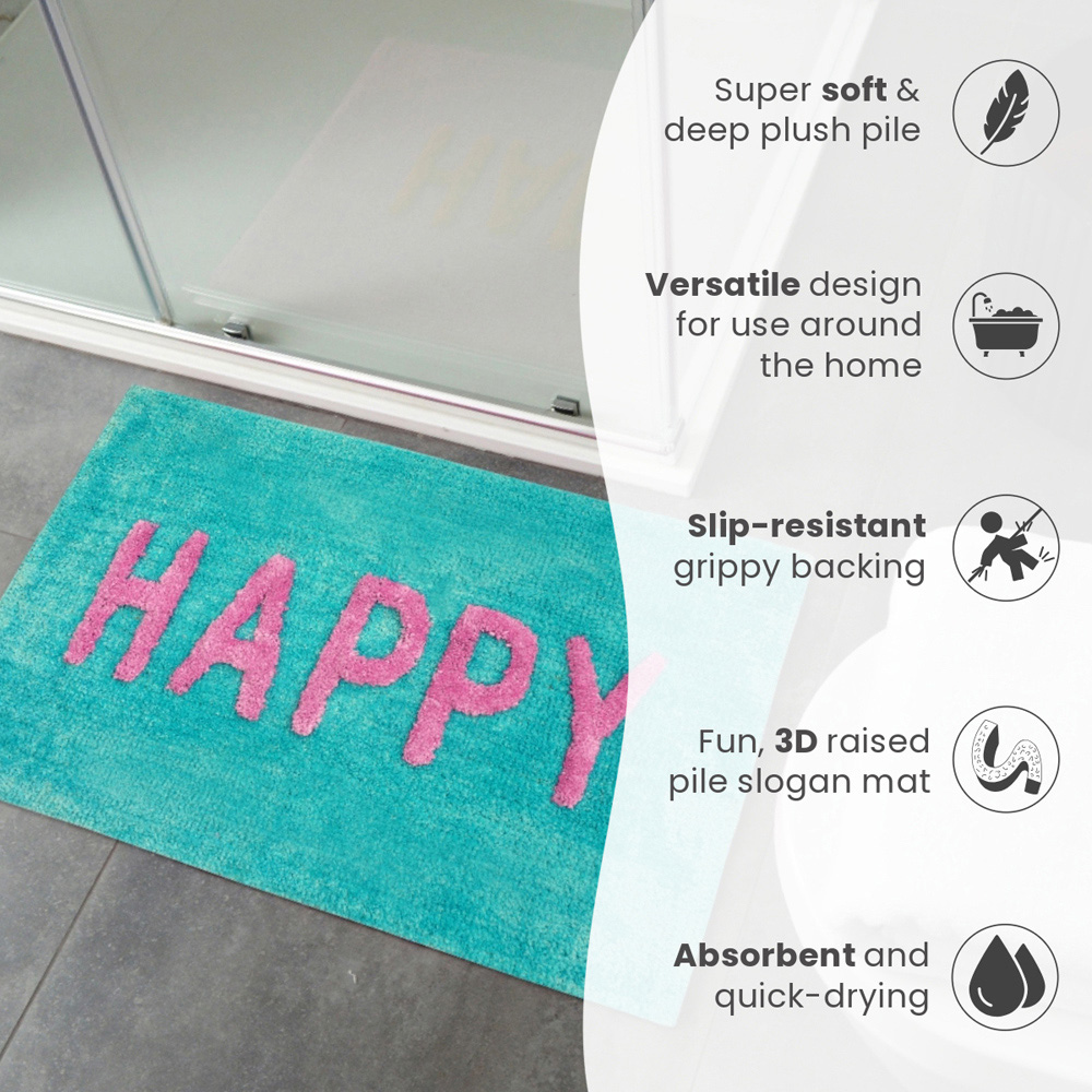 Mooky Mats Colourful Happy Slogan Turquoise and Pink Non Slip Bath Mat 50 x 80cm Image 4
