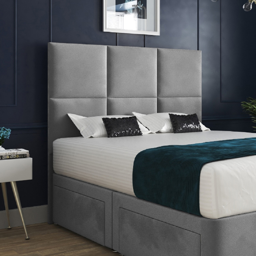 Caprio Grey Single Upholstered Divan Bed Frame with Floorstanding Cube Headboard Image 3