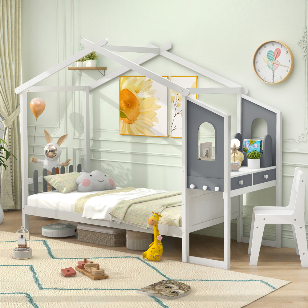 Costway Single Montessori Wooden House Bed Frame Image 3