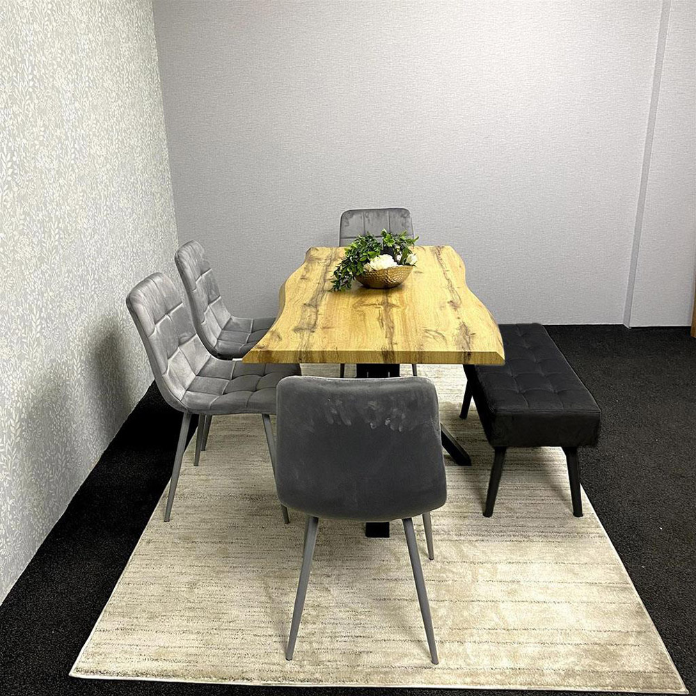 Portland 5 Seater Velvet Wooden Dining Set with Bench Brown Grey and Black Image 2