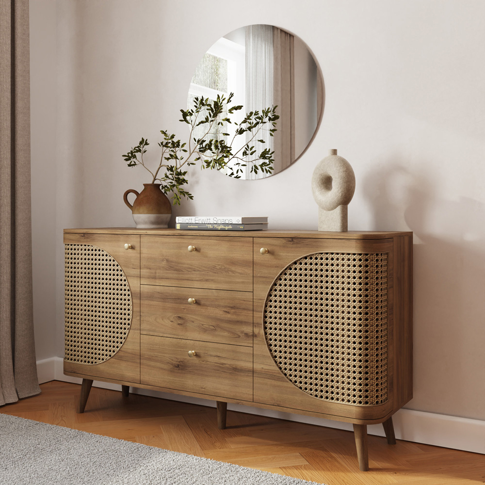 GFW Sorrel 2 Door 3 Drawer Oak Rattan Large Sideboard Image 8